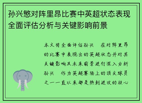 孙兴慜对阵里昂比赛中英超状态表现全面评估分析与关键影响前景