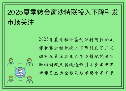 2025夏季转会窗沙特联投入下降引发市场关注